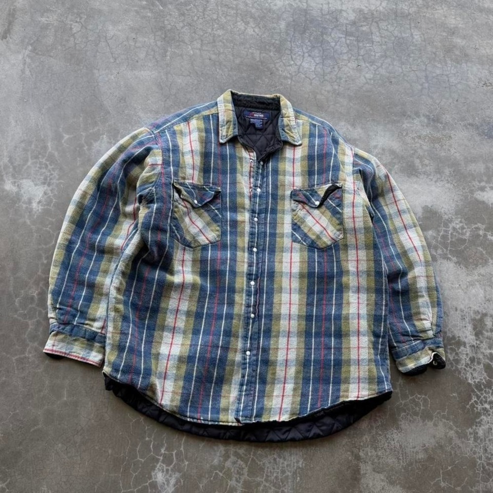 Vintage 90's five brothers plaid pearl snap lined flannel button up work shirt